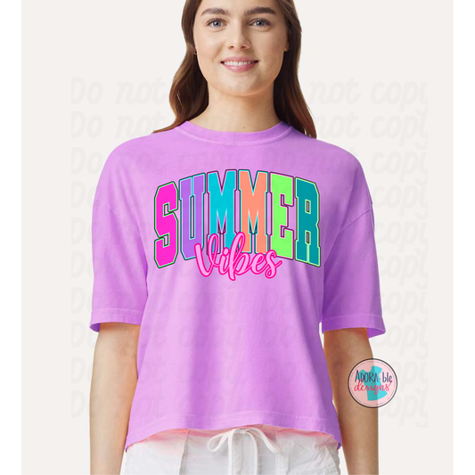 Summer Vibes on a Neon Violet Comfort Color Crop T-shirt
