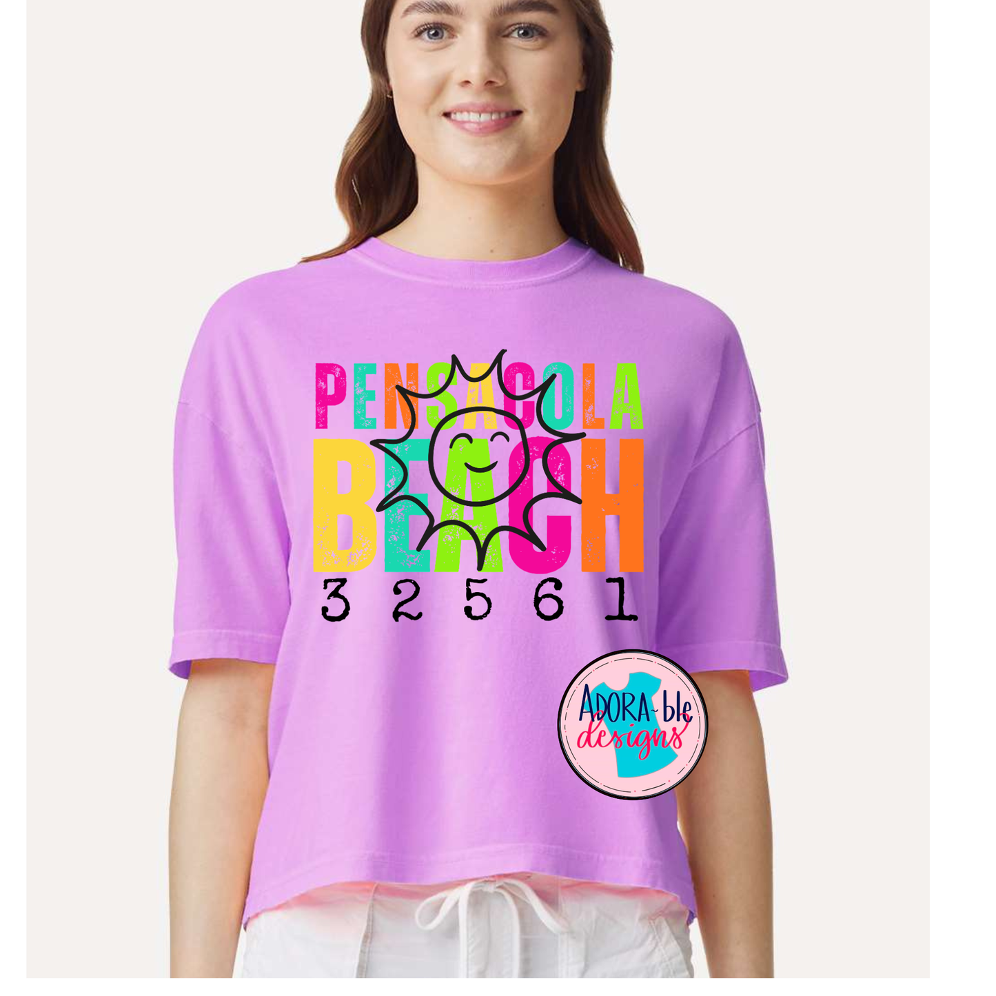 Pensacola Beach Neon Violet Comfort Colors Crop Tshirt