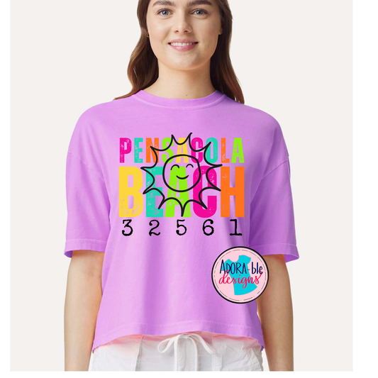 Pensacola Beach Neon Violet Comfort Colors Crop Tshirt